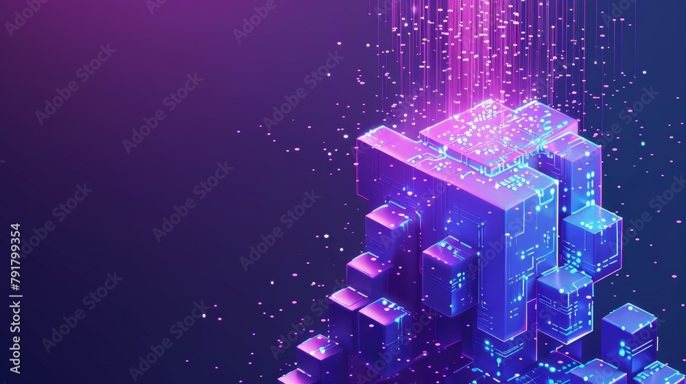Poster isometric modern illustration of a big data waterfall or cascade with streams of numbers in an ultra