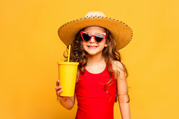 Little smiling beautiful girl in straw hat and red swimsuit drinking lemonade through a tube on...