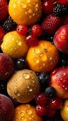 Generative AI : background image of lots of fresh fruits with few water drops on fruits