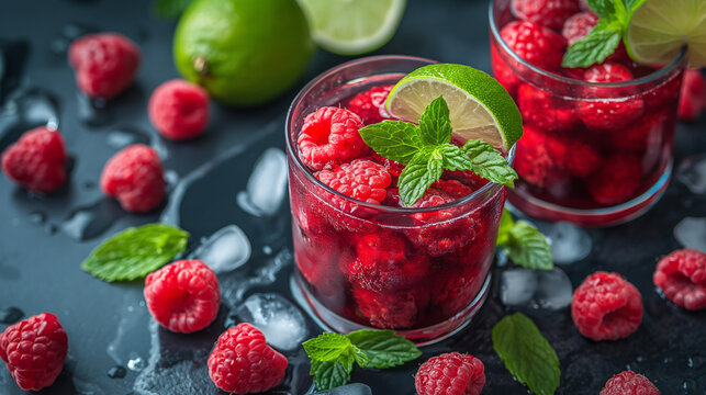 Soft drinks, healthy beverage. Refreshing summer glasses drink raspberry with mint lime and ice on a stone table. Copy space.