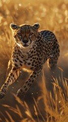 A powerful cheetah sprints with incredible speed through a field of golden grass, sunlight accentuating its spots