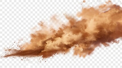 Obraz premium Modern illustration of a desert sandstorm, brown dusty cloud banner or dry sand flying with gust of wind, realistic brown smoke texture with small particles or grains.