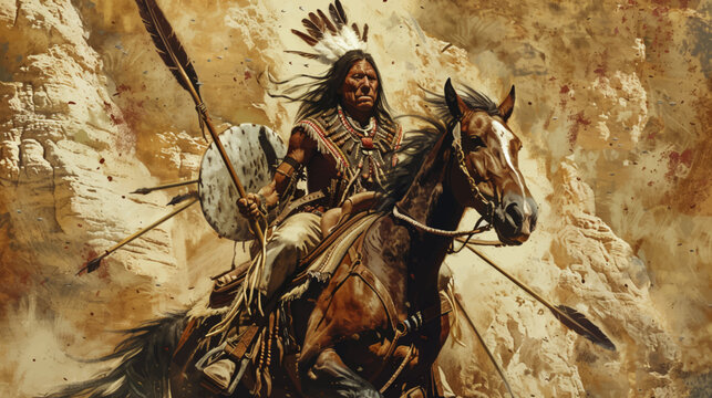 a painting of a native american man riding a horse