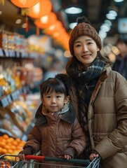 Fototapeta na wymiar Generative AI : happy asian family with two children shopping in supermarket