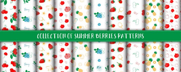 Set of seamless summer patterns on an isolated background. Cherry, blueberry, strawberry, pomegranate, cherry, pineapple in a modern creative style. Vector illustration