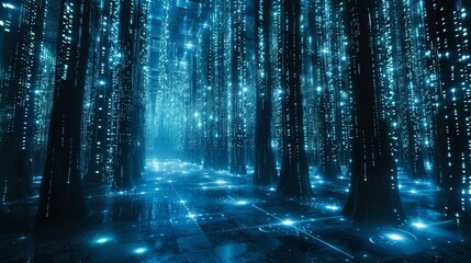 Cyber digital matrix, glowing blue code streams