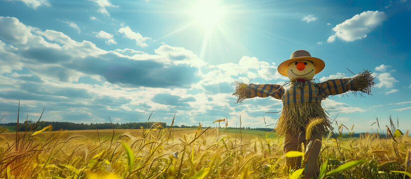 A scarecrow with a patchwork coat watches over a green field under a bright blue summer sky