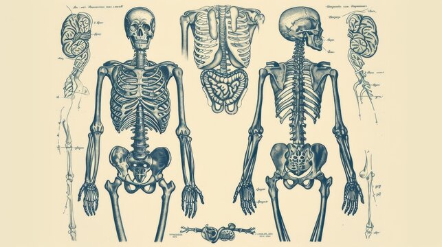 Old engraving showing the human skeleton from front and back, as well as parts and names of their functions. From the Trousset Encyclopedia (1886-1891).