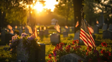 Serene Memorial Day Scene with Flags and Flowers at National Cemetery - obrazy, fototapety, plakaty