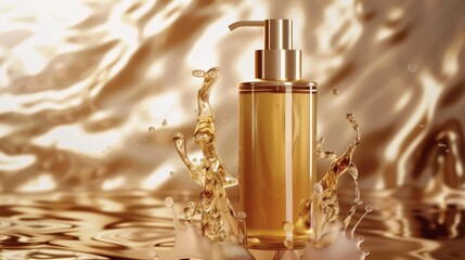 An illustration of a realistic 3D modern representation of a face oil cosmetics bottle mockup banner. The container has a gold liquid inside and is set against a blurred background.