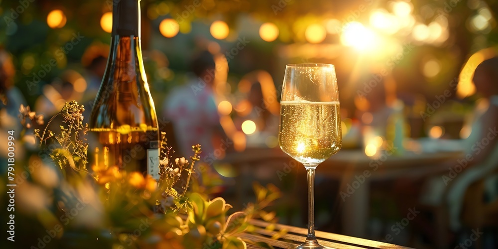 Aufkleber Generative AI : image of summer garden with tabel on which there is a glass with white wine and open bottle