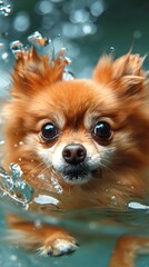 Generative AI : pomeranian dog swimming in swimming pool at summer - obrazy, fototapety, plakaty