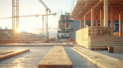 Modular construction site using cross-laminated timber, under a clear sky. The image highlights the precision and modular nature of the materials, showcasing a sustainable building process