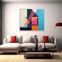Contemporary geometric wall art in vivid hues, suitable for a lively living room setting, enhancing dynamic and playful interactions