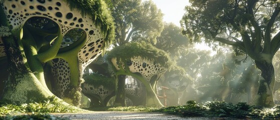 Mycelium in a modular design, captured in 3D cinematic style. This innovative construction method is set in a lush green environment, symbolizing its low environmental impact