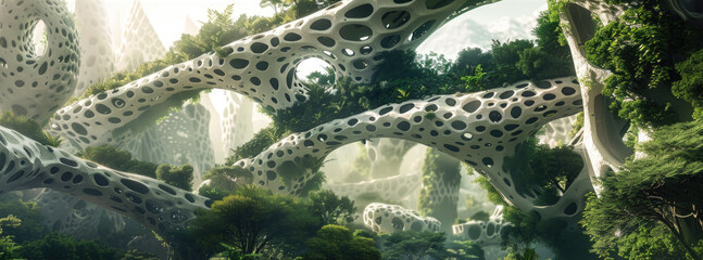Obraz premium Mycelium in a modular design, captured in 3D cinematic style. This innovative construction method is set in a lush green environment, symbolizing its low environmental impact