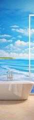 Coastal beach scene murals, ideal for a bathroom, providing a sunny and bright escape with sandy shores and azure skies