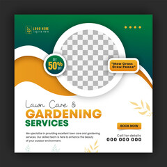Organic food and agriculture service for social media cover or post design template, modern lawn mower garden, or landscaping service with green gradient background and abstract yellow color shape
