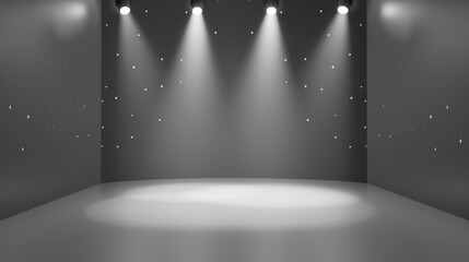 This is a 3D modern illustration of a gray gradient background with spotlights that illuminate an empty studio room backdrop, a stage for presenting products, wallpaper with glowing beams falling on