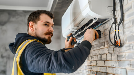 Industrial electrician man repairs a factory machine air condition, ensuring safe operation for safety and good quality.