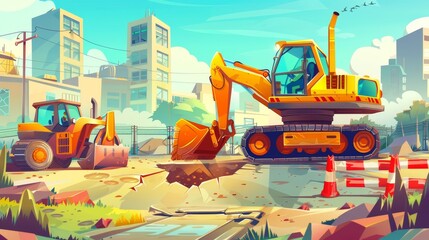 A construction worker digs a hole in a city street with construction machinery. Modern cartoon illustration depicting the repair of cracked roads or underground communications. - obrazy, fototapety, plakaty