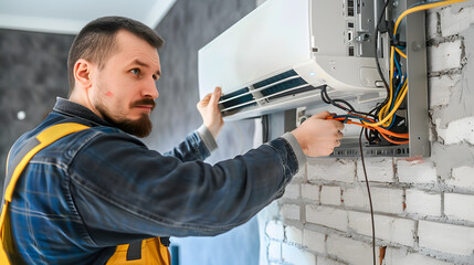 Industrial electrician man repairs a factory machine air condition, ensuring safe operation for safety and good quality.