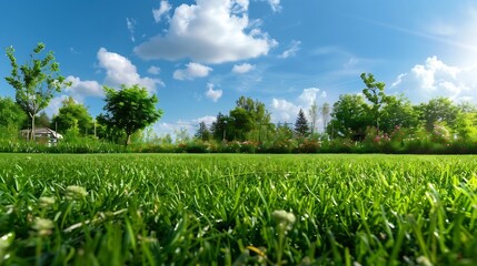 Fototapeta na wymiar Generative AI : A green manicured lawn under a blue sky