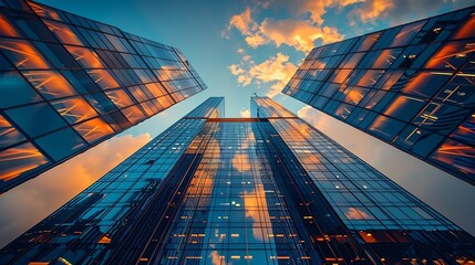 Obraz premium Generative AI : Skyscraper glass facades on a bright sunny day with sunbeams in the blue sky.