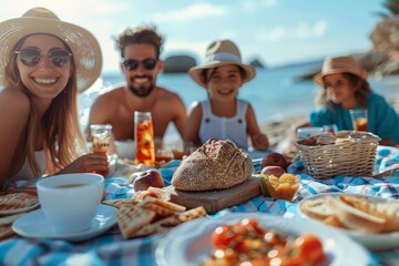 A family with happy faces enjoying a sunlit beach picnic with fresh food