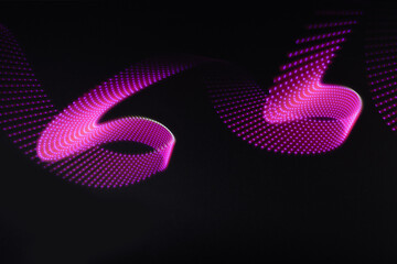Pink and purple neon curved wave of light with dotted stripes on black background, pattern. Abstract background with motion light effect, light painting in festive style.