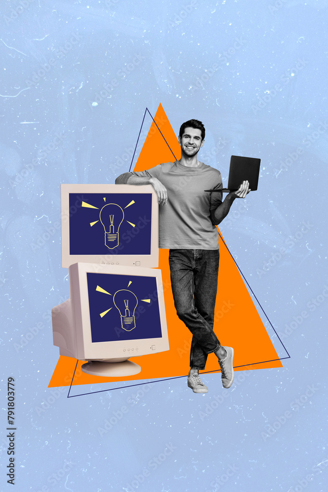 Aufkleber trend artwork 3d collage composite sketch image of young handsome guy hold in hand laptop stand at t