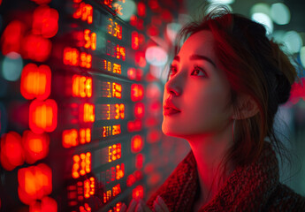 Asian woman check stock market exchange information on LED display screen board in the street over the stock exchange trading graph in downtown financial district business financial concept - obrazy, fototapety, plakaty