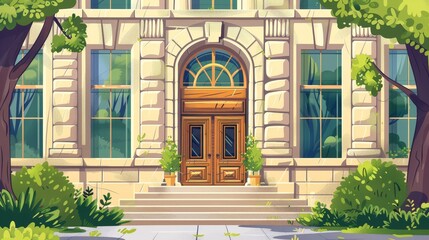 College campus entrance with wooden doors, stone stairs, glass windows, green plants in front yard, cartoon illustration, illustration of an educational institution exterior with wooden doors, stone