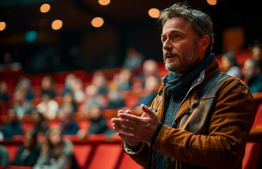 Man speaking to audience in lecture hall
