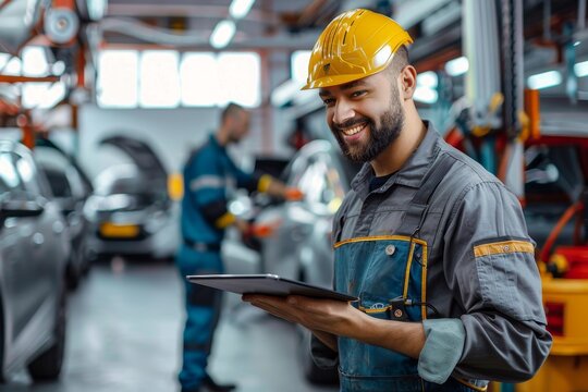 A mechanic smiles while using a tablet in a busy automotive service center