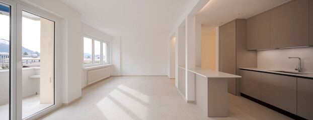 Interior of a new empty modern kitchen in brown beige. Empty flat. - 791804111