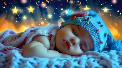 Generative AI : cute baby sleeping in the night sky with sparkles stars, wearing a cyan hat and blanket