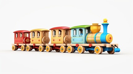 Colorful toy train on white background, miniature rolling stock - 791804141