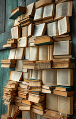 Many old books stacked in mess in the corner of the room