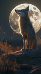 An artistic rendition of a coyote howling at dusk with a dramatically oversized full moon in the background