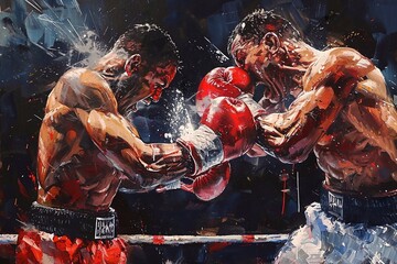 Two professional boxers fighting in the ring. Artistic painting. - obrazy, fototapety, plakaty