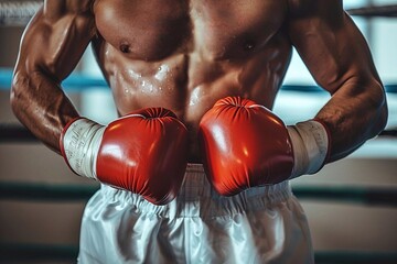 Shirtless muscular man boxer wearing red boxing gloves and white training shorts posing in the gym