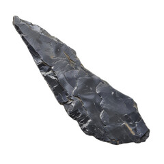 An ancient-style flint stone with a sharp edge and a glossy black surface, captured on a transparent background for historical and educational visuals.


