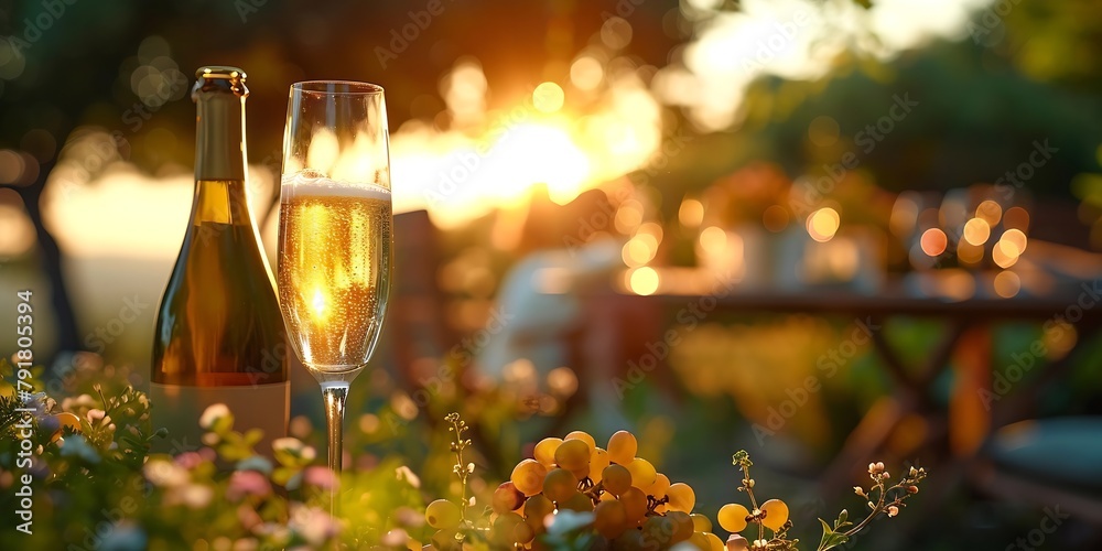Poster Generative AI : image of summer garden with tabel on which there is a glass with white wine and open bottle