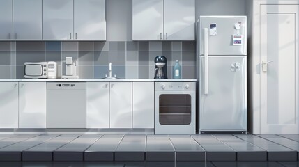 The modern kitchen interior is in gray with a smart fridge on a tabletop and a desk on the wall. The room is empty with household appliances, a refrigerator, and a desk on a gray wall and a tiled