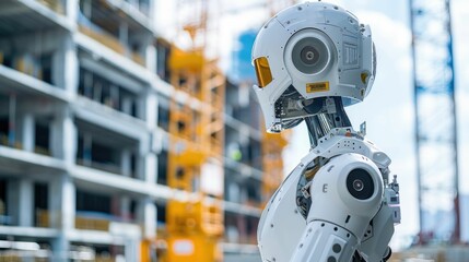 Fototapeta premium Robotic Construction Worker Operates Heavy Machinery at Bustling Building Site with Towering Skyscrapers in Background