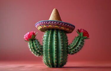 Cinco de mayo mexican fiesta. Cactus wearing a sombrero hat