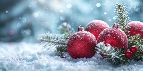 Obraz na płótnie Canvas Christmas background with snowflakes, Christmas tree branch and red Christmas tree toys. Red balls on fir branches