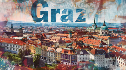 Artistic collage featuring the iconic landmarks and skyline of Graz, Austria