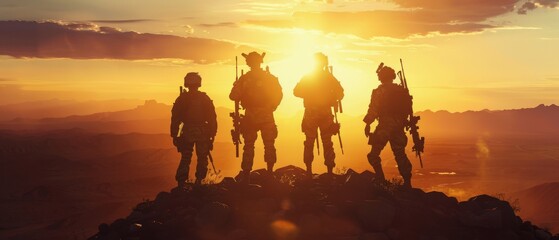 Standing on a hill in the desert in sunset light is a squad of three fully equipped and armed soldiers. - obrazy, fototapety, plakaty
